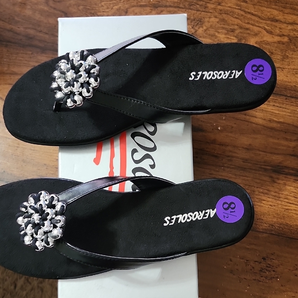 AEROSOLES Black Rhinestone Sandals with Contoured Footbed